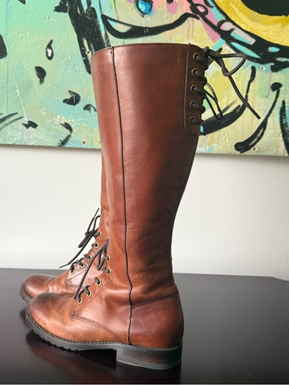 Frye - Women’s Tall Lace Up Leather Natalie Boot Combat Riding Boot - Brown US 7 - Picture 3 of 14